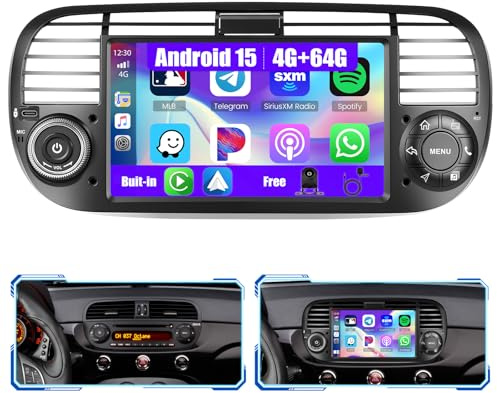 [4G+64G]Inefala Android 15 Autoradio per FIAT 500 2007－2015 con Wireless Carplay Android Auto, 7 Pollici Touchscreen Stereo Auto Bluetooth con Navi GPS WiFi RDS/FM SWC Retrocamera Mic