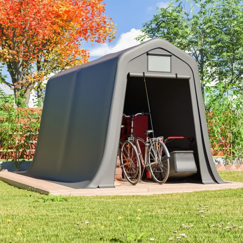 Cobertizo de 366 x 213 x 225 cm con techo puntiagudo, marco de acero galvanizado, lona de polietileno de 170 g/m², puerta enrollable y ventilación, color gris, garaje para moto, refugio para