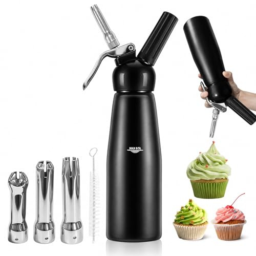 HYZYWON Sahnespender, Sahnesyphon, Sahnespender Edelstahl 500ml, Espuma Flasche, für Sahne, Schlagsahne, Mousses, Desserts, Inklusive 3 Düsen + 1 Reinigungsbürste (B)