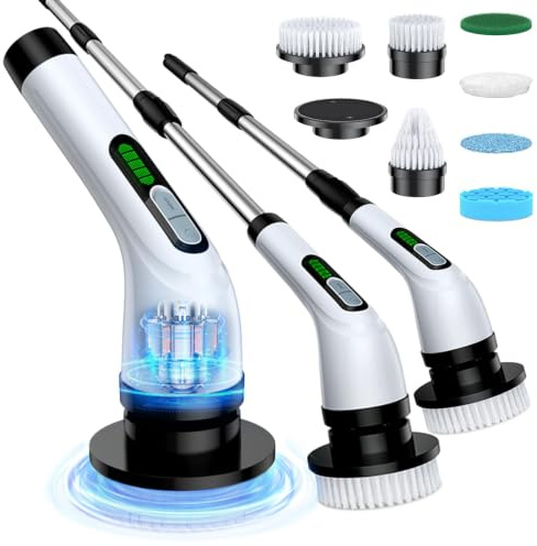 Highyes Electric Spin Scrubber, Powerful 2-Speed Cleaning Brush | IPX7 Waterproof with 7 Reusable Brush Heads & Extendable Handle, for Bathroom Toilet Shower Kitchen Wall Tile Floor Grout