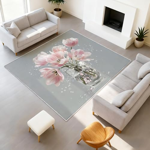 Generisk mjuk matta modern blommig tvättbar matta eleganta mattor rosa tulpanvas ljusbeständig för entré dörrmatta 50 x 80 cm