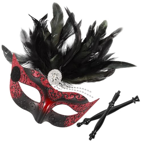 jojofuny Masque Demi-visage Rouge pour Carnaval et Halloween, Design Unique Plumage Artificielles, Plastique Solide, Portable pour Fêtes à Thème et Autres Occasions