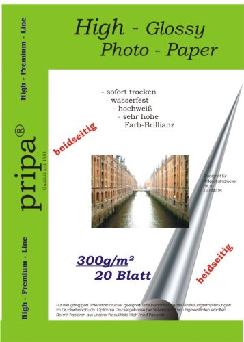 beidseitig pripa 20 Blatt Fotopapier Photopapier A4, 300g - beidseitig glossy glaenzend - sofort trocken - wasserfest - hochweiß - sehr hohe Farbbrillianz fuer InkJet – Tintenstrahl Drucker