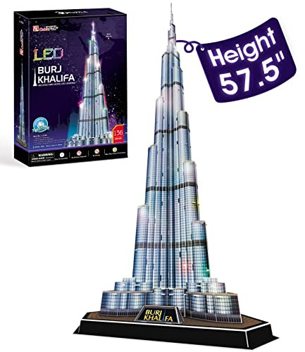 CubicFun 3D Puzzles LED Dubai Burj Khalifa 57.5 H Architecture Building Model Kits for Adults, Souvenir Decoration and Birthday Gifts for Men and Women, the Tallest Tower 136 Pcs