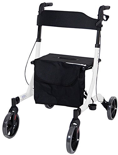 Aidapt Deluxe White Folding Light Weight 4 Wheeled Rollator Mobility Aid with Seat, Carry Bag, Lockable Brakes, Walking Stick Holder and Puncture Proof TYRES for Indoor and Outdoor use
