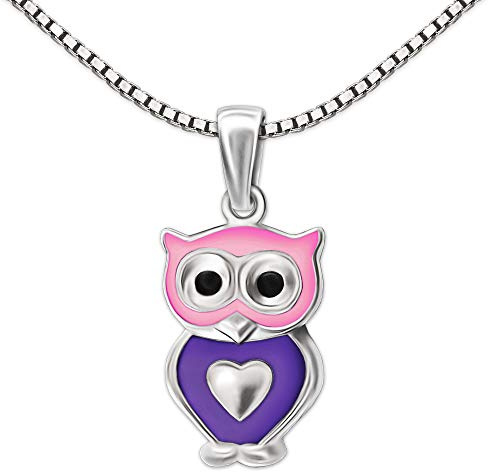 CLEVER SCHMUCK Kinderkette Eule 11 mm bunt lackiert glänzend und Veneziakette 38 cm STERLING SILBER 925 im Etui rosa für Mädchen