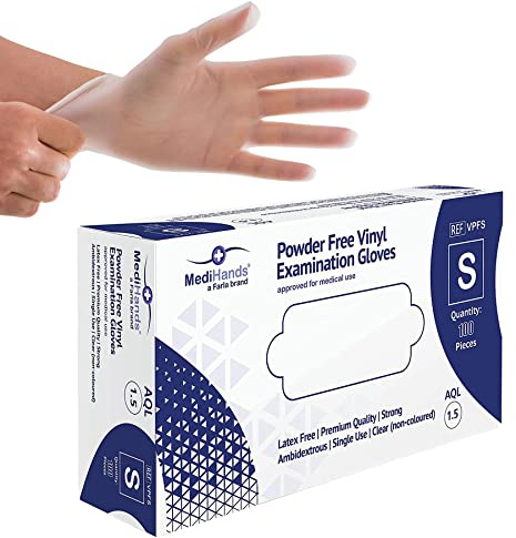 MediHands Vinyl Clear Small Gloves, Disposable Surgical Gloves, Box of 100, Powder Free, Latex Free, Protein Free, Medical, Food, Multi-Use