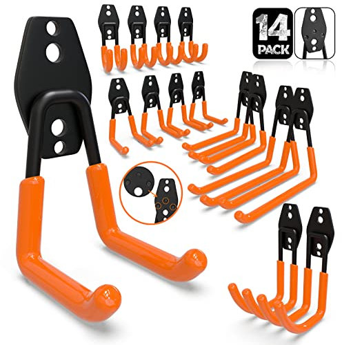 3-H Ganchos de Garaje Resistentes, Paquete de 14 Ganchos de Almacenamiento de Garaje de Acero, Soporte de Pared y Organizador de Herramientas, Cuerdas, Cables(naranja)