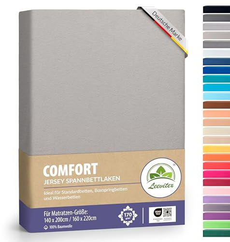 leevitex® Premium Spannbettlaken 140x200-160x220 cm - 40 cm Steg - auch für Boxspringbett & Wasserbett | 100% Mako-Jersey-Baumwolle | ÖKO-TEX | 170g/m² | Silber/Hellgrau