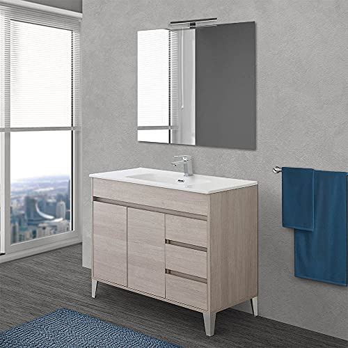 Inbagno Mobile Bagno a Terra 100 cm, Linea Way 3 cassetti + 2 Ante, Completo di lavabo e Specchio (Rovere Chiaro)