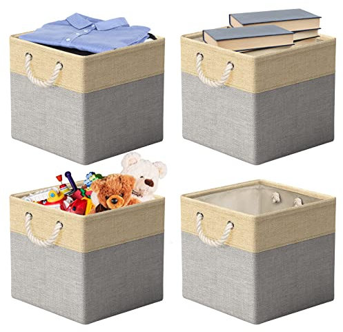 RIWNNI Juego de 4 Cajas Almacenaje, 30 x 30 x 30 cm, Cestas Organizadoras de Tela con Asas, Cubos de Almacenamiento Plegable para Ropa, Juguetes, Libros, Armario y Estanterías (Gris/Beige)