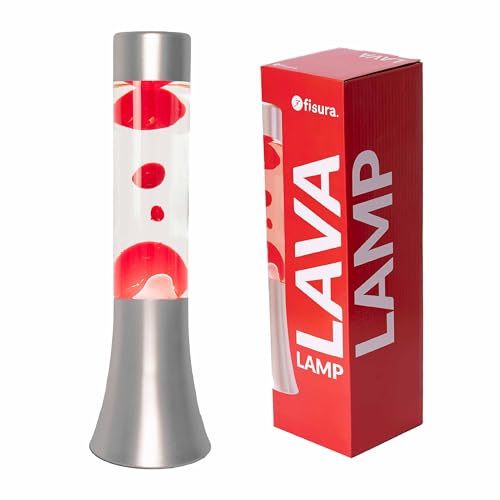 Fisura - Lámpara de lava roja. Lámpara de lava de 30 cm con base plateada, líquido transparente y lava roja. Lámpara efecto relajante. 9x9x30 cm