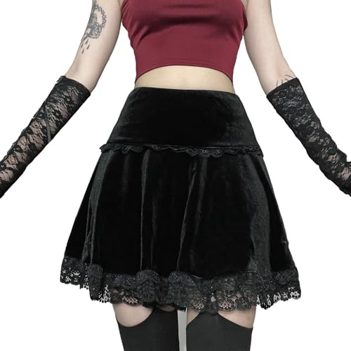 XKBHYD Gothic Rock Damen Samtrock mit Spitzensaum Hoch Taille Elastischer Bund A Linie Partyrock Halloween Herbst Winter