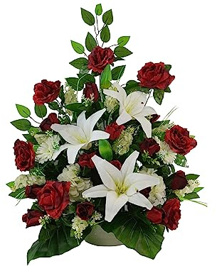 DRW Centre de Fleurs Artificielles pour Cimetière Blanc et Rouge Églises Mariages Centre de Fleurs pour Les Saints avec Liliums, bourgeons, gerberas et hortensias Rouge et Blanc 80x65x30 cm
