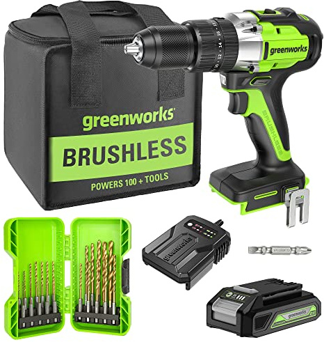 GreenWorks Visseuse sans fil sans fil 60 Nm (22 pièces Jeu de forets, 24 V, fonction percussion, 2 vitesses, lumière LED, sac, batterie 2,0 Ah et chargeur) GD24DD60K2.2