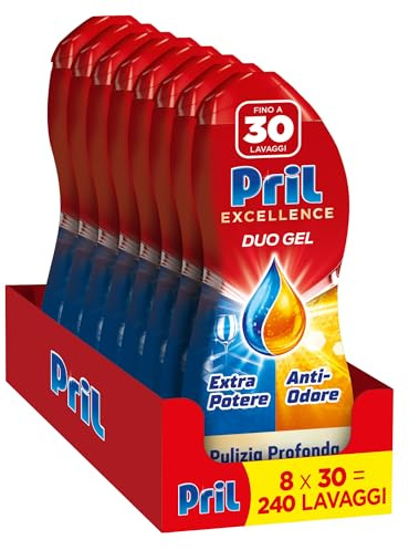 Pril Duo Gel, Detersivo lavastoviglie Gel, Azione Anti Odore, con Aceto, Formato da 8 Confezioni da 30 Lavaggi, Totale 240 Lavaggi