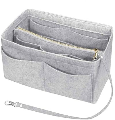 SUQ Filz Taschenorganizer für Frauen Handtasche, 2 in 1Abnehmbare Reißverschluss-Tasche, Filz Geldbörse-Organizer, Tasche Handtasche Liner, Organisator Einsatz, Multi Fächer, Grau- M