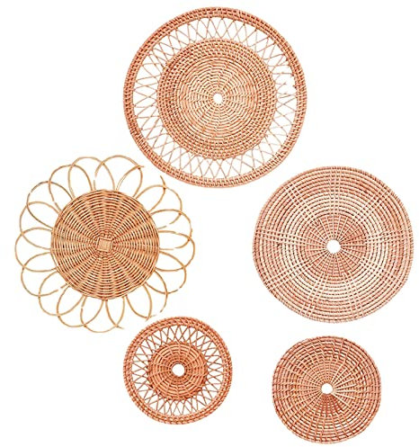 RXMORI Boho Wandkorb Dekor, 5er Set Hängende Natürliche Gewebte Flache Körbe Runde Weidenkörbe Wandkunst Handgemachte Rustikale Wandkorb für Wohnkultur (5pcs, C)