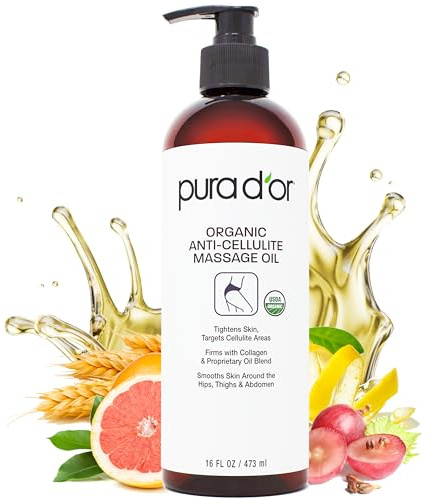 PURA D’OR 16 Oz Organic Anti-Cellulite Massage Oil for Toned Legs and Butt - Lemon Peel, Moringa, Grape Seed, Grapefruit & Eucalyptus Oils - Skin Firming & Tightening