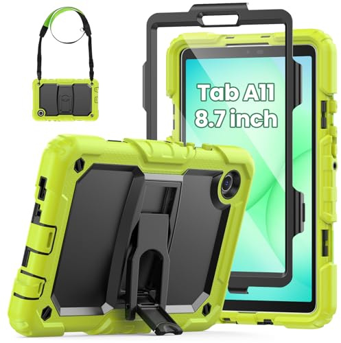 SEYMAC Hülle für Samsung Galaxy Tab A11 / A9-8,7 Zoll 2025/2023, Grün | Stoßfeste Hülle mit Displayschutzfolie, Faltbarem Ständer, Schultergurt, Sturzschutz, Für Arbeit, Reisen & Alltag