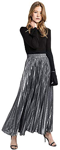 MilyaDE Damen Lang A-Linie Plisseerock Maxi Faltenrock Blingbling