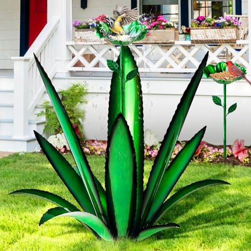 FLYVOLE [2024 Upgraded] Große Metall-Agaven-Hofkunst, Tequila, rustikale Skulptur, handbemalte Metall-Agavenpflanzen mit Vogelfutterspender, Gartenskulptur, Statue für den Außenbereich, Grün