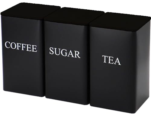 Tea Coffee Sugar Canisters, 1000ML 3 Piece of Metal Canister Storage Jar Container Set With Airtight Lid (New Black)