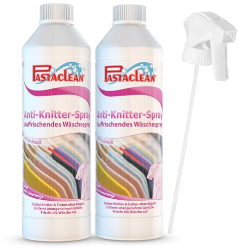 Pastaclean® Antifaltenspray (2x 500 ml) entfernt Falten und Knitter auf Textilien | Anti Knitter Wäschespray + Sprühkopf | Bügelhilfe, Anti-Faltenspray