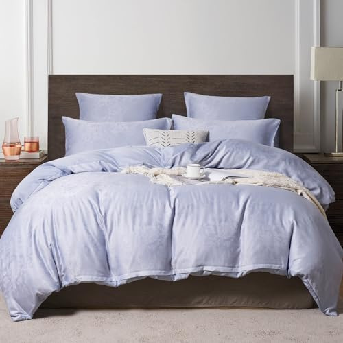 YASMENG Satin Bettwäsche 200x220 Blau Hellblau Blumen Jacquard Bettwäsche Satin Glatt Glänzend Luxus Weich Seidig Seide Bettbezug Set 3 Teilig mit Reißverschluss und 2 Kissenbezüge 80x80 cm