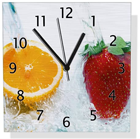 Wallario Design Wanduhr Frische Früchte übergossen mit Wasser I aus Aluverbund, Alu-Uhr Größe 30 x 30 cm, Schwarze Zeiger mit Metalloptik