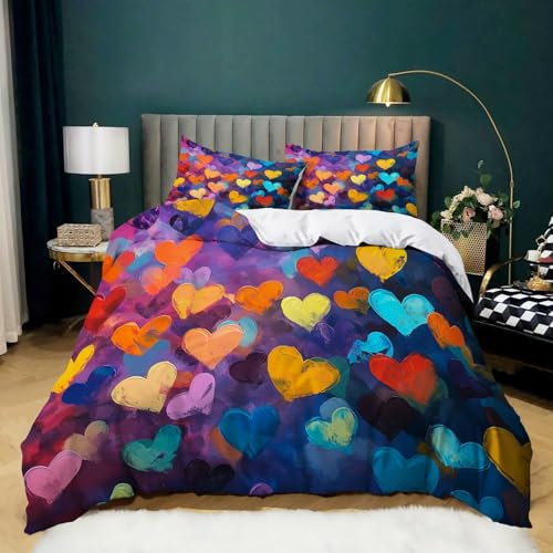 Cuori dipinti colorati Set da letto con stampa 200 x 200 cm Microfibra di qualità superiore rivestita con cerniera Colorato Decorazioni per camera da letto autunnali Copripiumini morbidi