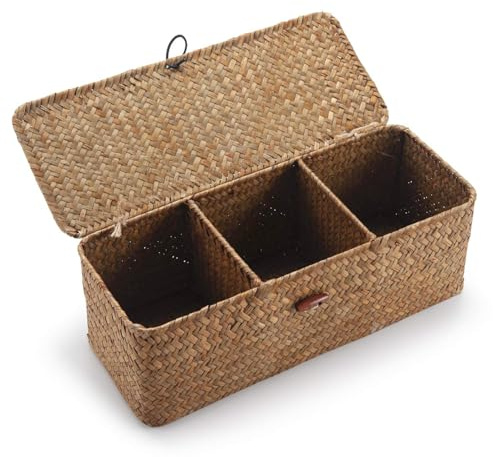 Toilet Tank Basket with Lid, Seagrass Storage Basket for Bathroom, Wicker Woven Bathroom Organizer with 3 Compartments, Small