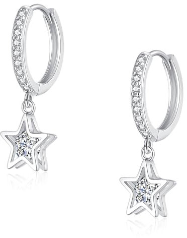 Glintara Ohrringe Silber 925 Hängend für Damen, Creolen Mit Stern Anhänger, Sterling Silber Ohrhänger, Hängeohrringe Mit Cubic Zirkonia, Hypoallergener Ohrschmuck Mit Geschenkbox