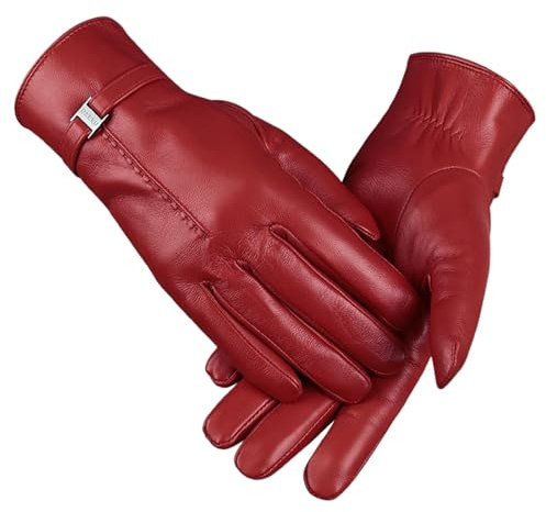 Women's 2024 Autumn and Winter Plain Versatile Windproof and Thick Cold Leather Gloves SCg49 (Red, L)