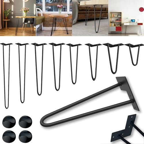 XMTECH 4er Set Hairpin Legs Tischbeine 20cm mit 2-Stange Bein Schwarz, Haarnadel Möbelfüße mit Bodenschoner und Schrauben, DIY Tischkufen Haarnadelbeine