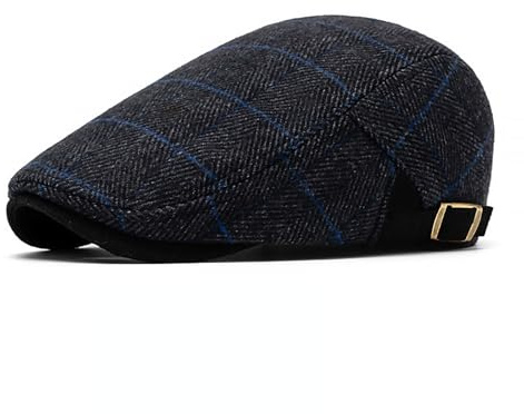 TUONYIS Beret Homme Réglable Vintage Unisex,Homme Rétro Rayures à Carreaux,Casquette Plate en Tweed Noir pour Homme, Casquettes pour Homme de 56-61 cm, pour la Marche Chasse Pêche et Le Golf (Noir)