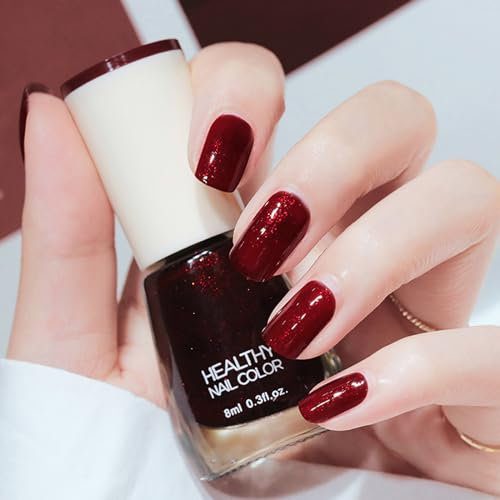 Red Nail Polish, Glitter Burgundy Nail Polish Nail Varnish, Dark Red Quick Dry Breathable Long Lasting, No Need LED/UV French Cherry Red Christmas Nail Polish for Women Nail Art Salon DIY Home