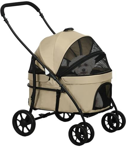 PawHut Vikbar 2-i-1 hund- och kattvagn för katter med avtagbar liggdel, kudde, säkerhetskoppel, upp till 10 kg, stål 81 x 68 x 98,5 cm, kaki