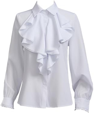 Taiduosheng Camisa victoriana vintage para mujer, manga trompeta, cuello alto, volantes, botones, blusa, blanco 2, XXL