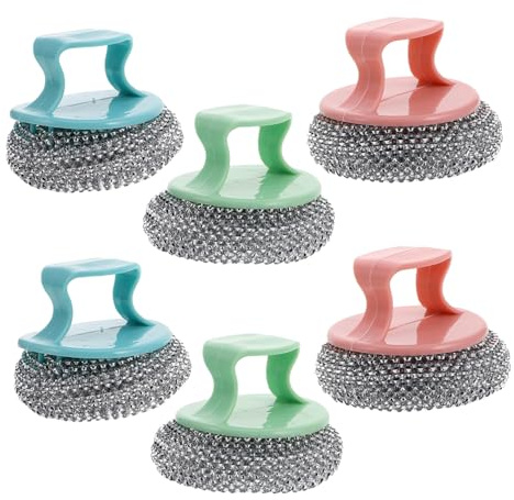 WEKAMOS 6pcs Kitchen Cleaning Ball Detachable Handle Stainless Steel Heavy Duty Scrubber for Pots and Pans Non-damaging Dishwasher Safe