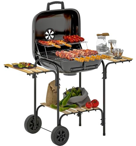Outsunny Carro para barbacoa de carbón con superficie de cocción de 1840 cm², ahumador barbacoa portátil con parrilla, tapa, estantes y ruedas, para picnics en camping, negro