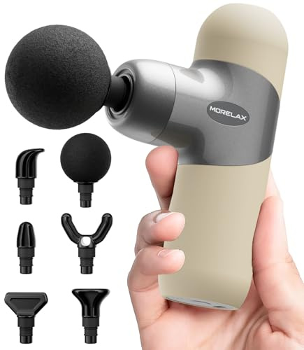 Mini Massage Gun with 6 Massage Heads and 4 Speeds, Portable Percussion Muscle Massager Gun, Silicone Material Removable and Washable, for Home Office Workout, Gift for him her (Almond)