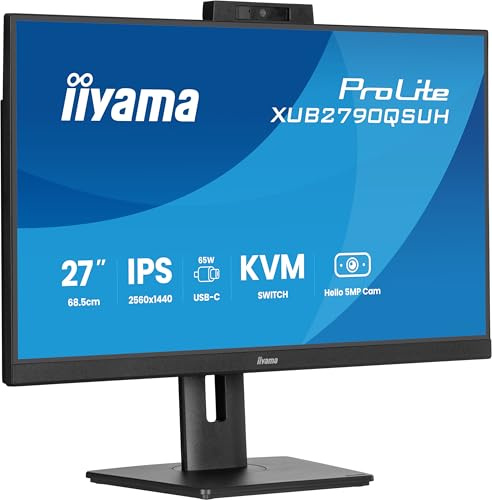 iiyama Prolite XUB2790QSUH-B2 68,5cm 27 IPS LED-Monitor QHD 100Hz HDMI DP USB3.2 USB-C 65W KVM-Switch Slim-Line Höhenverstellung Pivot Windows Hello Webcam schwarz