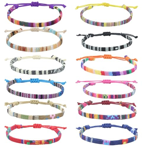 PacuM 12 st justerbart brasilianskt armband set bohemiskt tygarmband, strandtillbehör, semester, barn, vävda smycken, färgglada, unisex, för fest, semester, alla hjärtans dag, födelsedag
