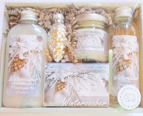Geschenkset für Weihnachten Pflegeset Weihnachtszeit mit 100g Schafmilchseife, 75ml Flüssigseife, 40g Badesalz und 75ml Duschbad in der Geschenkbox -aus Schafmilch - Duft Zitrone - Damen/Herren