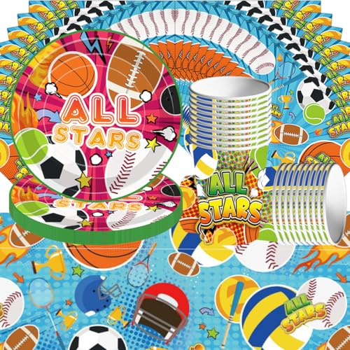 Juego de vajilla para fiestas con temática deportiva de 61 piezas con motivos de fútbol, baloncesto, béisbol y rugby. Incluye servilletas, vasos de papel, platos de papel y mantel