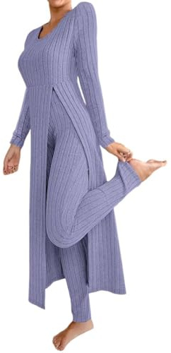 Generisch Combinaison 2 pièces pour femme - Combinaison en tricot à manches longues - Haut et leggings côtelés - Ensemble 2 pièces - Tenue d'été 2 pièces - Pour femme
