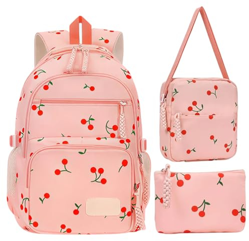 Qubitly 3 in 1 Cherry School Bag for Girls, Pink School Backpack Set, Preppy Girls Rucksack with Crossbody Bag and Small Wallet, Cute Backpack for Teenage Students Children