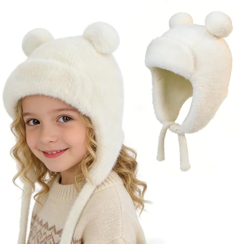 AYPOW Kinder Süße Bärenohren Strickmütze für 4-10 Jahre, Ohrenklappen Warme Winddicht Wintermütze Elastisch Bequeme Thermo Mütze Hut Beanies Jungen Mädchen Outdoor-Aktivitäten Stilvoll Kopfbedeckung