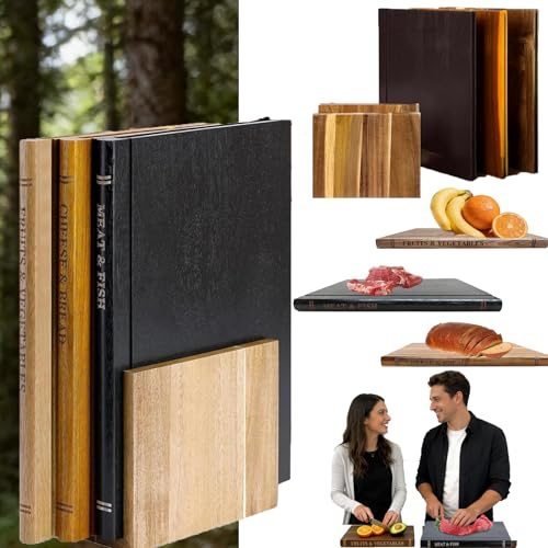 Set di 3 taglieri in legno con supporto per taglieri da cucina che sembrano libri per pane, carne, formaggio, verdure, regalo unico per l'inaugurazione della casa per gli amanti dei libri